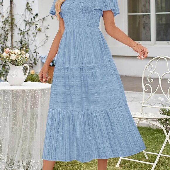 Women's 2025 Summer Flowy Midi Maxi Dress Short Sleeve Square Neck Smocked Tiere - Picture 7 of 7